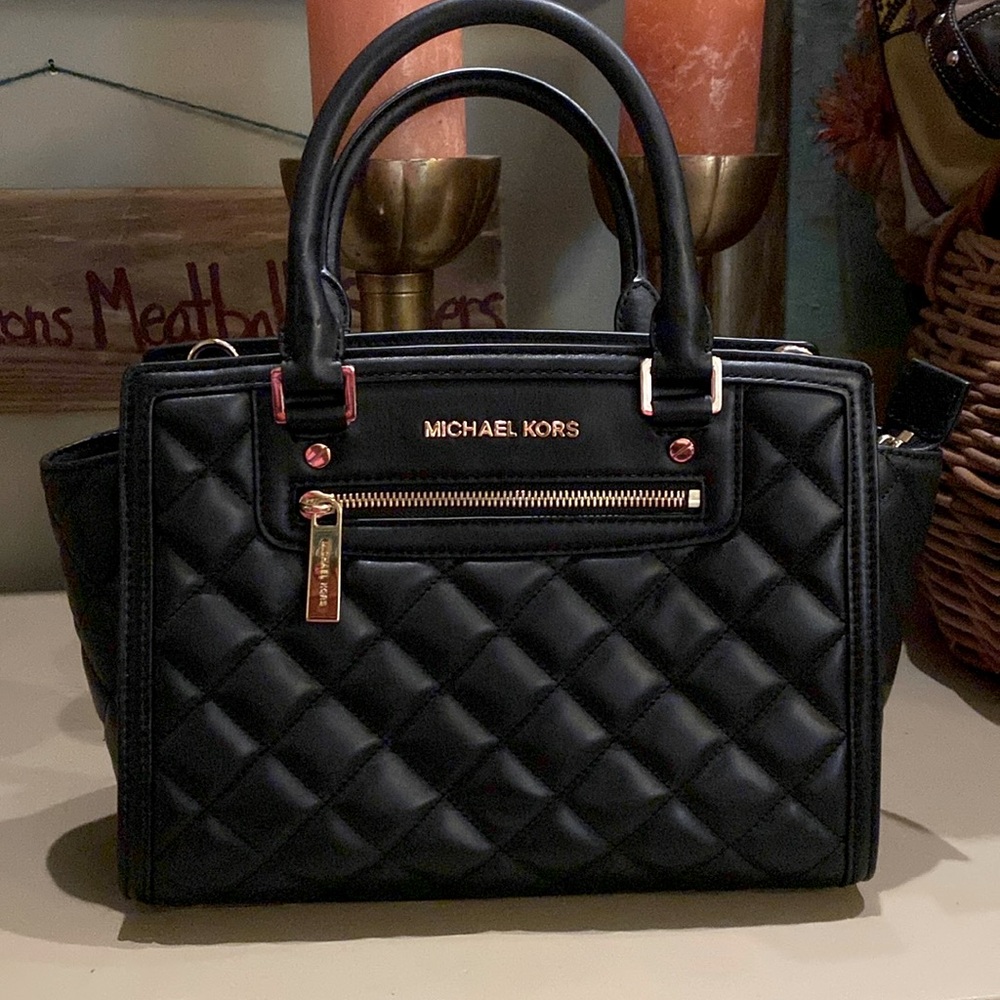 MICHAEL KORS Selma Black Quilted Leather Crossbody Satchel Shoulder Bag